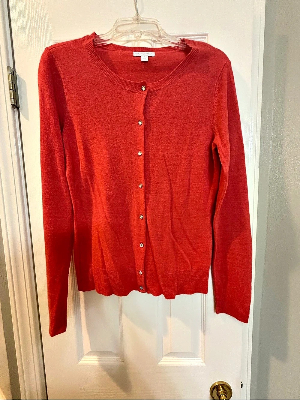 New York & Company Crew Neck Button Front Cardigan in Red Size Medium